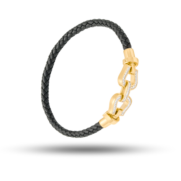 18k Yellow Gold Black Braided Leather Bracelet with Cubic Zirconia Links