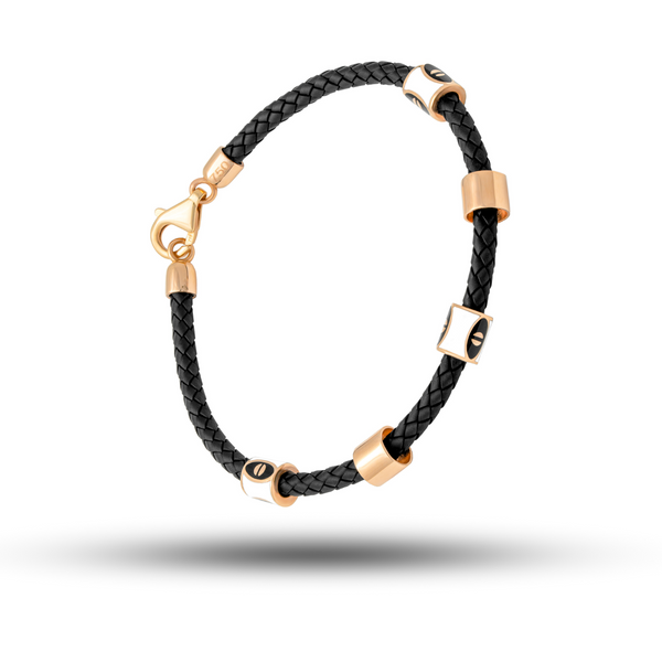 18k Rose Gold Black Leather Bracelet with Enamel Accents