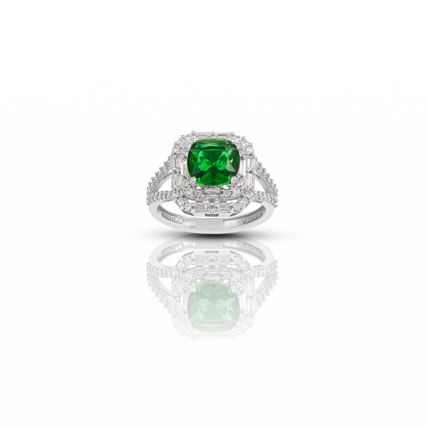 18k White Gold Ring with Green Pressure Stone and Cubic Zirconia