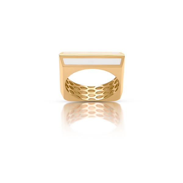 18K Gold Ring with White Enamel Top