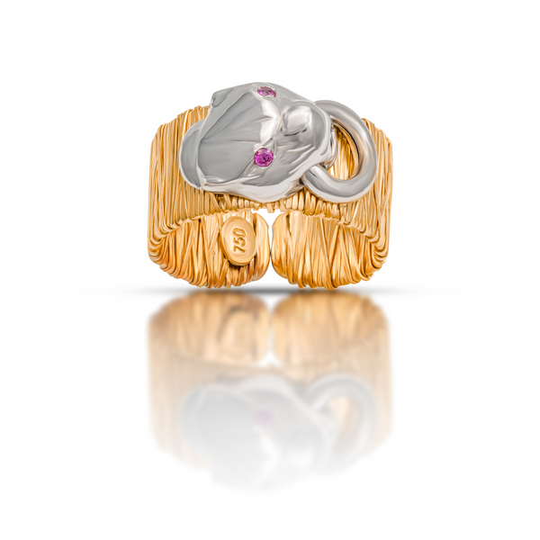 18k Two-Tone Elephant Ring with Pink Pressure Stone Eyes