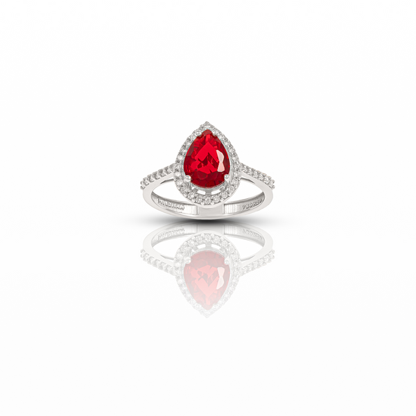 18k White Gold Ring with Red Pressure Stone and Cubic Zirconia